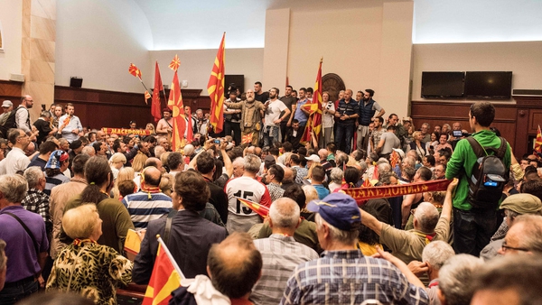 Protesters demonstrate inside Macedonia's parliament