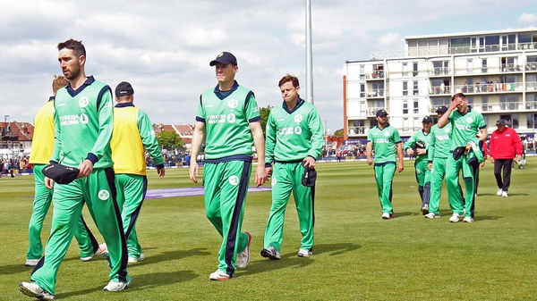 Dejected Ireland players trudge from the Bristol Cricket Ground