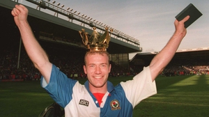 Fall from grace: Alan Shearer during the club's glory days, in 1995 after Blackburn won the Premier League title at Anfield