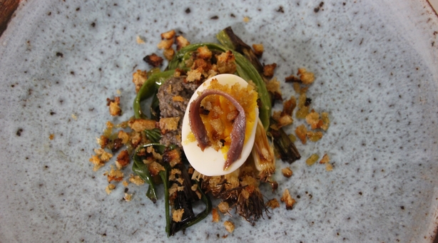 Grilled Scallions with Mushroom, Anchovy and a Hard Boiled Egg