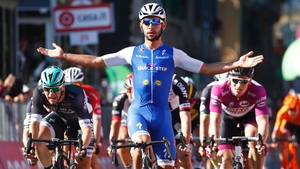 Fernando Gaviria wins the fifth stage of the Giro in 2017 ahead of Ireland's Sam Bennett