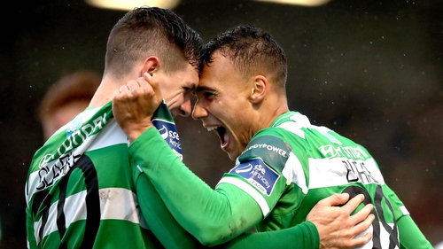 Trevor Clarke celebrates his goal for Shamrock Rovers with with Graham Burke