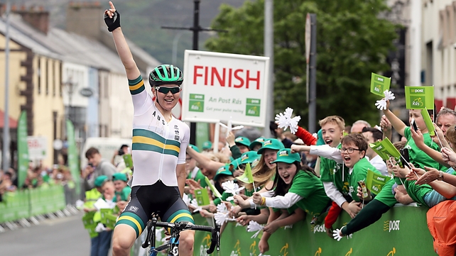 Michael Storer celebrates his stage win in Buncrana