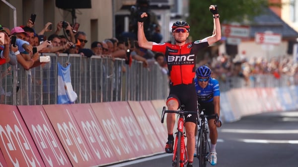 Tejay Van Garderen crosses the line for his first Grand Tour stage win
