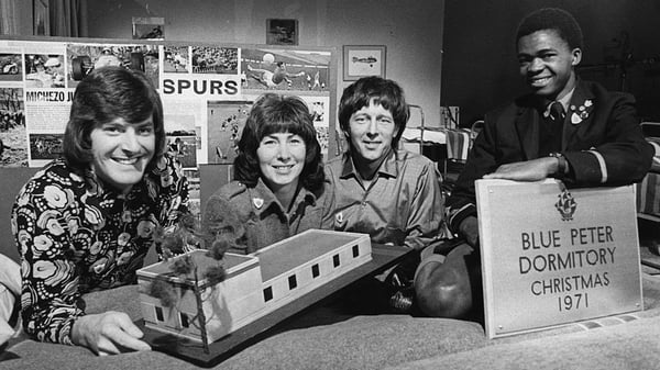 Blue Peter presenters Peter Purves, Valerie Singleton and John Noakes with Joseph Mutuku, a 16-year-old from the Starehe Centre in Kenya