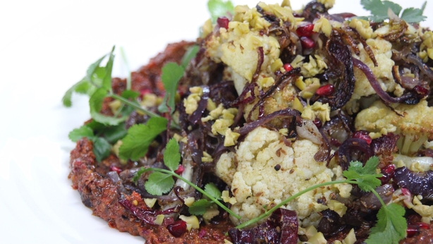 Roast Cauliflower with Red Onions and Cumin Seed and Muhammara