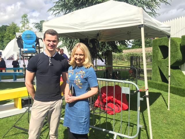 RTÉ News2day presenters Tommy Meskill and Gill Stedman getting ready to record their programme from the RTÉ set