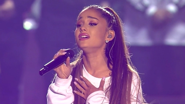 Ariana Grande performing at the One Love Manchester concert