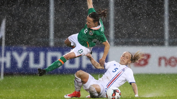 Ireland's Aine O'Gorman hurdles Gunnhildur Yrsa Jonsdottir of Iceland