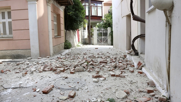Debris shaken from buildings in the town of Plomari on Lesbos