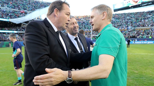 Steve Hansen (L) congratulates Joe Schmidt in Chicago after Ireland's defeat o New Zealand