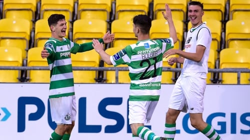 Shamrock Rovers' Trevor Clarke celebrates his goal with Aaron Bolger and Sean Boyd