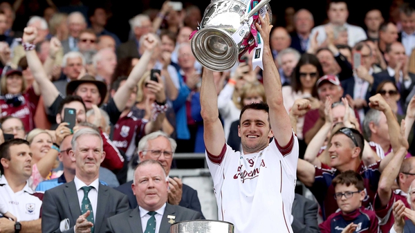 Galway's David Burke lifts the Bob O'Keeffe Cup after winning the 2017 Leinster title