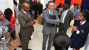 Irish Ambassador to Kenya Vincent O'Neill talks to students at the launch of Young Scientist Kenya (pic: Irish Embassy Twitter)
