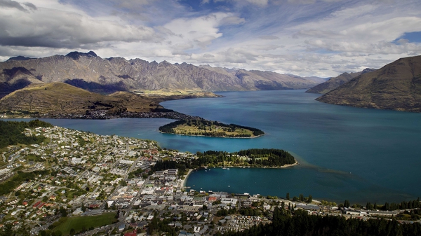 Queenstown on the shores of Lake Wakatipu with the Remarkables mountain range in the background.