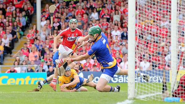 Alan Cadogan watches his strike hit the net for Cork