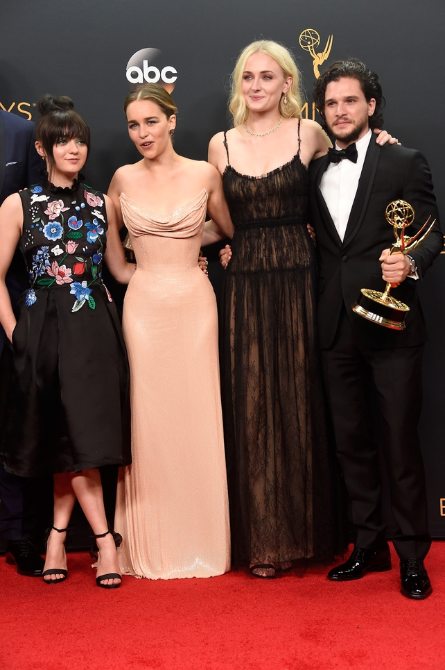 Maisie Williams, Emilia Clarke, Sophie Turner and Kit Harington, winners of Best Drama Series for 'Game of Thrones' Emmy 2016.