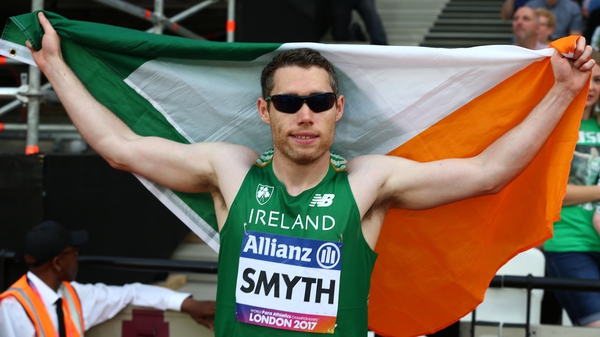 Jason Smyth celebrates his second gold medal of the World Para Athletics Championships