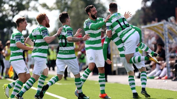 Shamrock Rovers players celebrate Gary Shaw's early goal