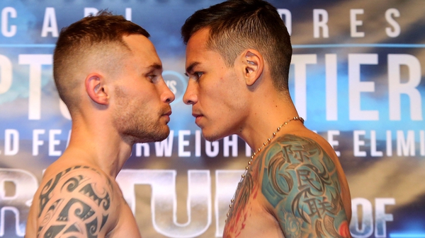 Carl Frampton (L) and Andres Gutierrez at today's weigh-in in Belfast