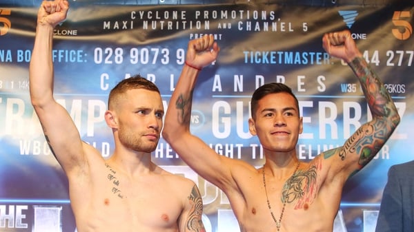 Carl Frampton (l) and Andres Gutierrez at Friday's weigh-in