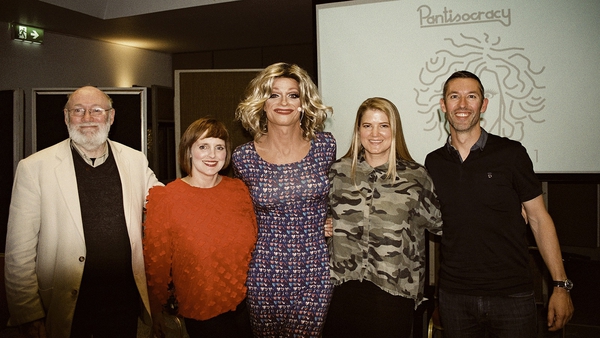 Life's Little Nudges: Panti (centre) with her guests (L to R) Dermot Bolger, Julie Feeney, Jenny Huston and Shane Hegarty.