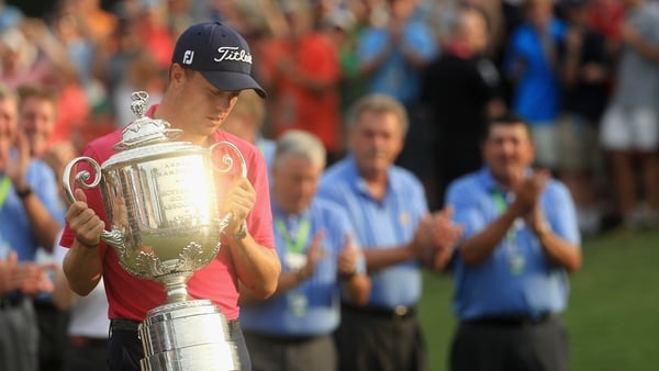 Justin Thomas with the Wanamaker Trophy after his PGA Championship victory at Quail Hollow