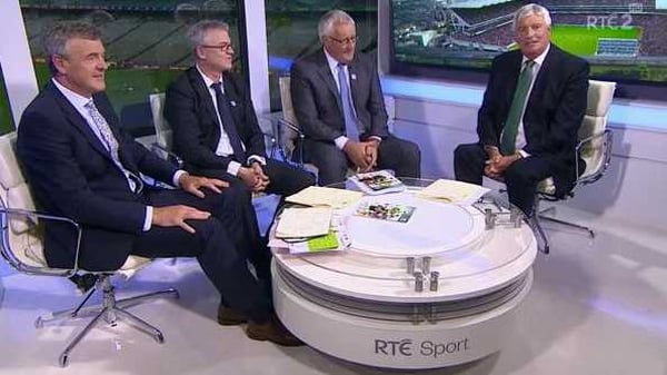 The Sunday Game panel (L-R): Colm O'Rourke, Joe Brolly and Pat Spillane with Michael Lyster