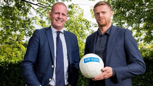 RTÉ Group Head of Sport Ryle Nugent and Damien Duff (R) at the announcement of the new rights deals