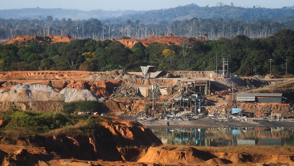 An open air tin mine in a deforested section of the Amazon