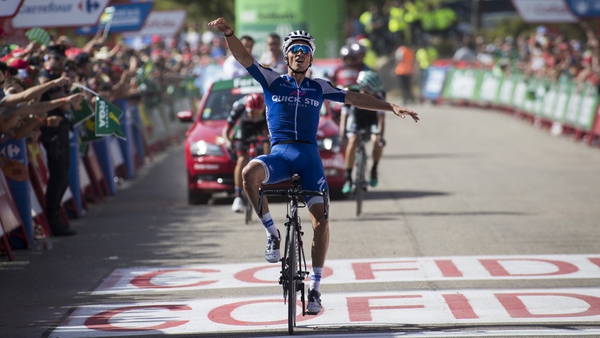 France's Julian Alaphilippe celebrates taking the eighth stage at the Vuelta a Espana