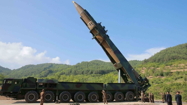 A propaganda photo shows the North Korean inter-continental ballistic rocket Hwasong-14 being prepared before a test launch