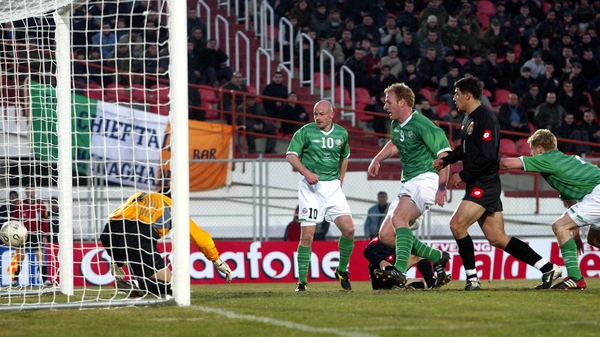 Gary Doherty heads home the winner against Georgia in March, 2003