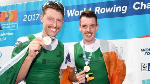 Ireland's Mark O'Donovan and Shane O'Driscoll celebrate winning gold