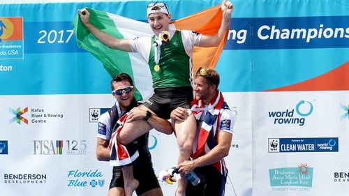 Paul O'Donovan celebrates his gold medal win
