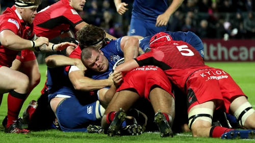 Jack McGrath is stopped short of the line for Leinster