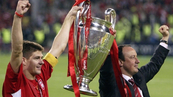 Steven Gerrard (L) with Rafa Benitez in 2005 after Liverpool's Champions League final victory against AC Milan