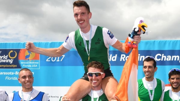 Mark O'Donovan and Shane O'Driscoll celebrate their gold medal