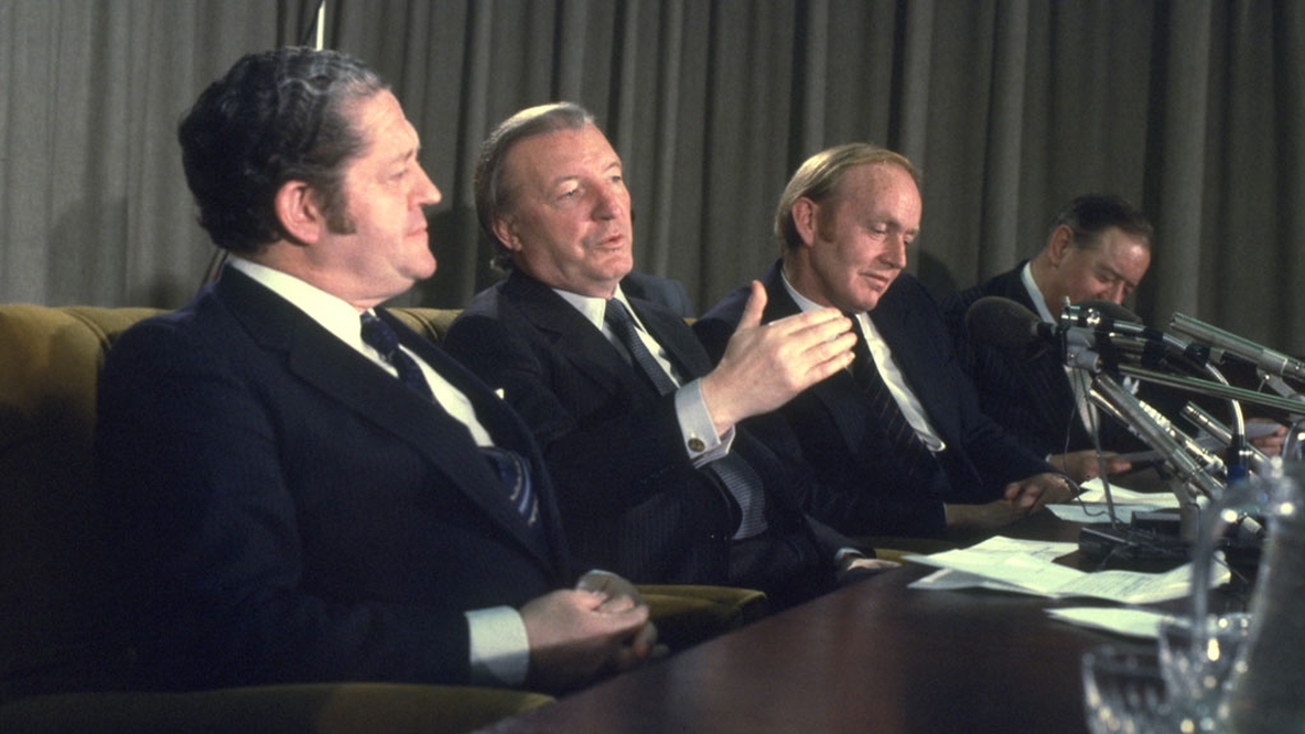 An Taoiseach Charles Haughey (centre) with Brian Lenihan (left) and Minister for Finance, Michael O'Kennedy, (right) in December 1980.