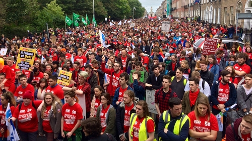 Thousands of college students protesting at Merrion Square in Dublin