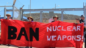 ICAN activists protest at a US military base near Alice Springs, Central Australia