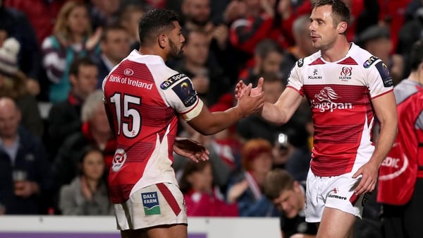 Ulster's Tommy Bowe and Charles Piutau at the full time whistle