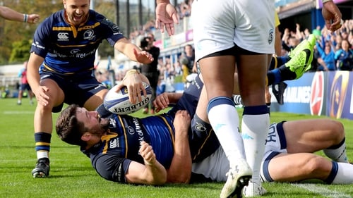 Barry Daly celebrates scoring Leinster's fourth and final try