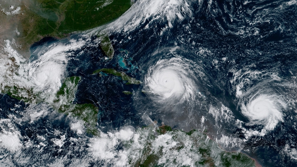 Three hurricanes at large in September 2017: Irma in the centre just north of the island of Hispaniola, Katia on the left in the Gulf of Mexico and Jose in the Atlantic Ocean on the right. Photo: NOAA