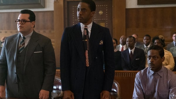 Chadwick Boseman as Marshall and Josh Gad as Friedman, lawyers for the defence of Spell (Sterling K Brown, seated) in the engagingly stylish Marshall