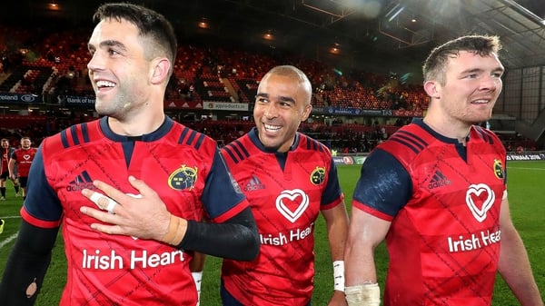 Munster's Conor Murray, Simon Zebo and Peter O'Mahony celebrate after the game