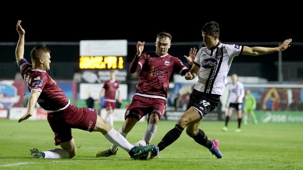 Dundalk's Jamie McGrath with Colm Horgan and Rory Hale of Galway in Friday night's 4-3 win for Dundalk in Eamonn Deacy Park
