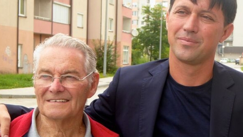Tomi with Hasan Hanovic who, aged 19, survived the so-called March of the Dead in the hills above Srebrenica in July 1995