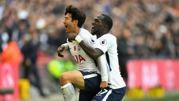 Heung-Min Son celebrates his goal against Crystal Palace with Moussa Sissoko.