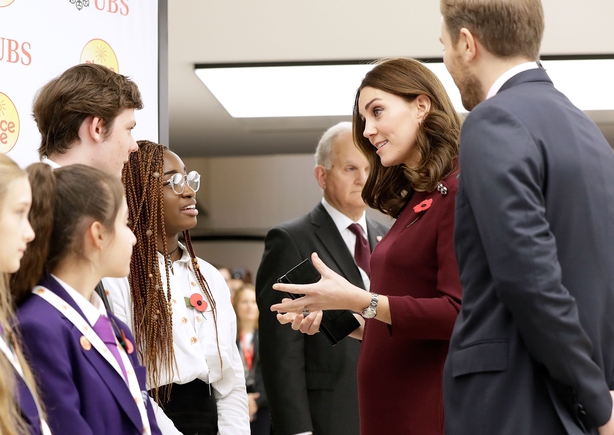 Catherine, Duchess Of Cambridge meets pupils from The Bridge Academy at the annual Place2Be School Leaders Forum at UBS London on November 8, 2017 in London, England